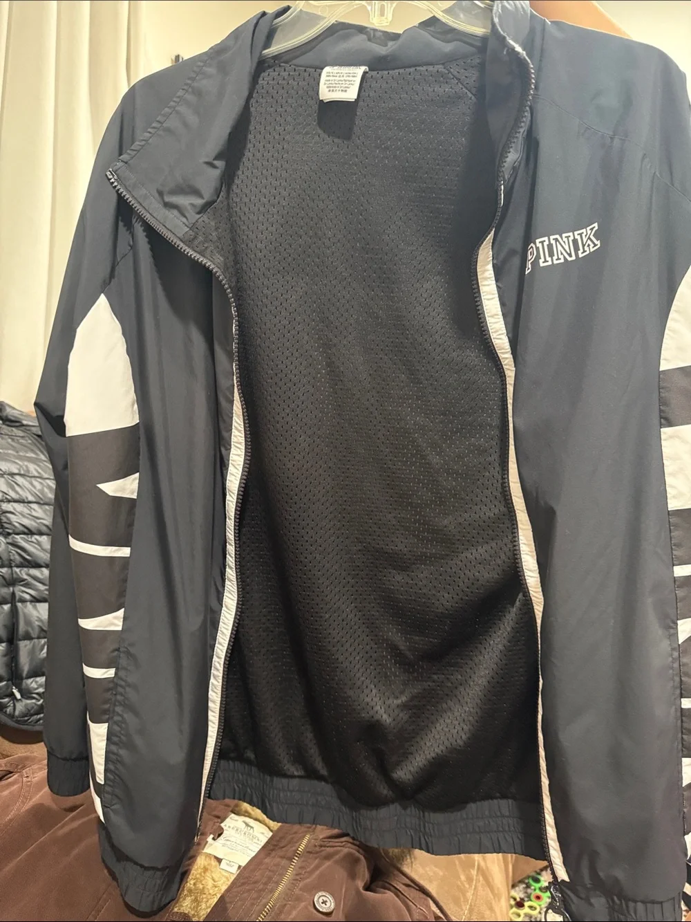 PINK Victoria's Secret Black Windbreaker Jacket with White Panels